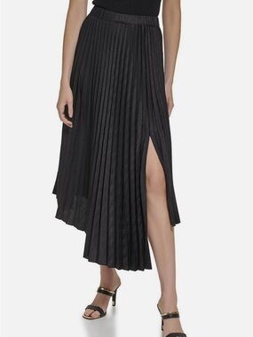 Like New DKNY Black Pleated Asymmetrical Midi Skirt with Side Slit